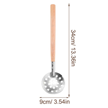 Yardwe ice fishing scoop with wooden handle for a comfortable grip.