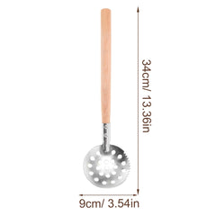 Yardwe ice fishing scoop with wooden handle for a comfortable grip.