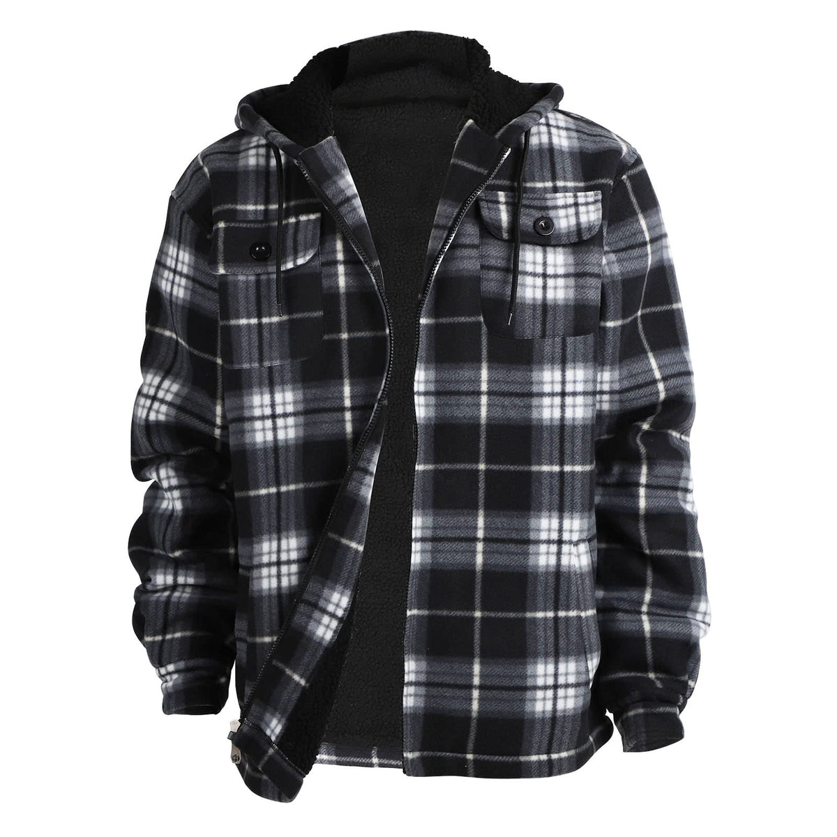 Yasumond plaid flannel jacket hooded front view showing plush warmth for chilly commutes