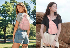 Adjustable strap demonstrated on left or right shoulder with versatile wear.