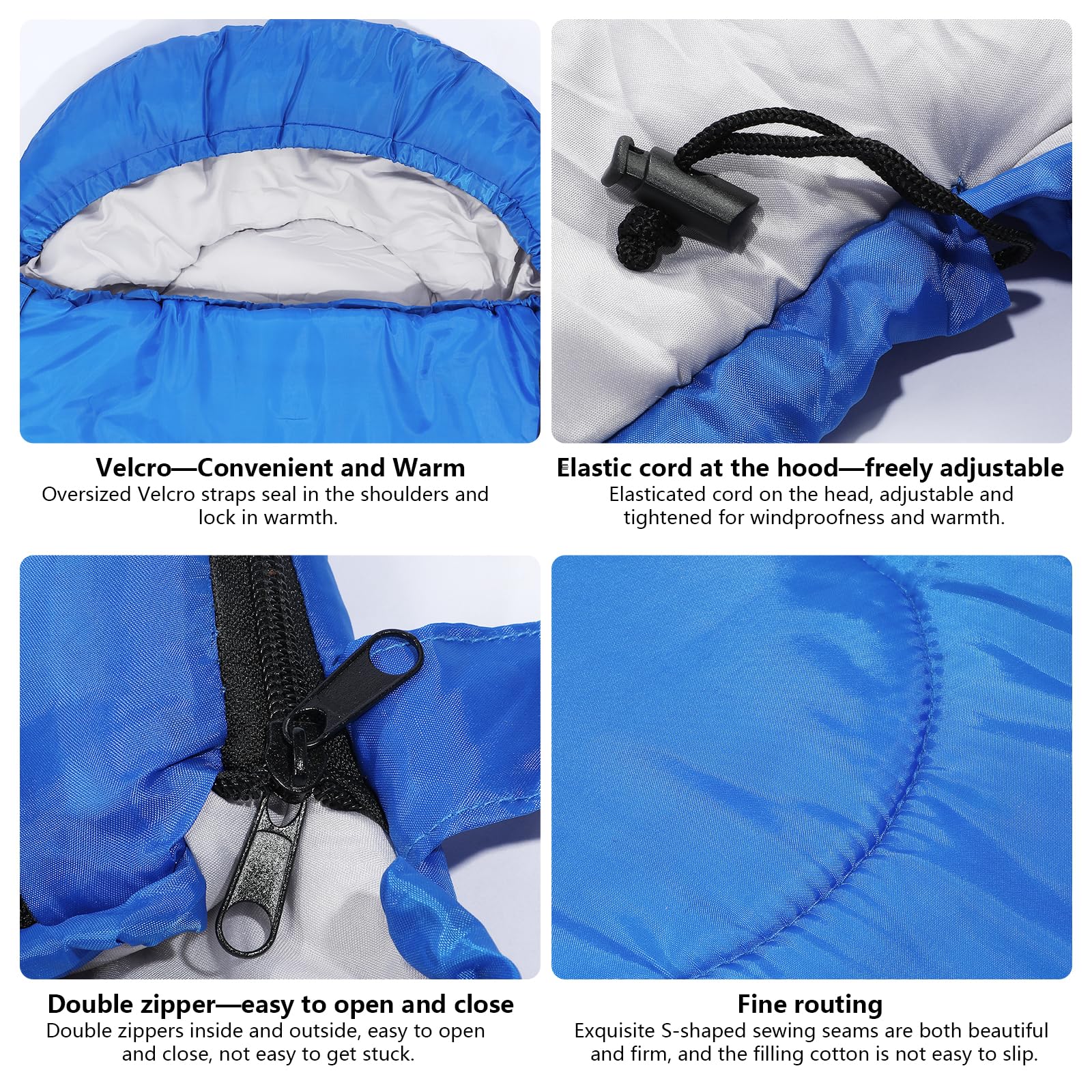 YCZS sleeping bag blue headrest with drawstring for cozy head warmth.