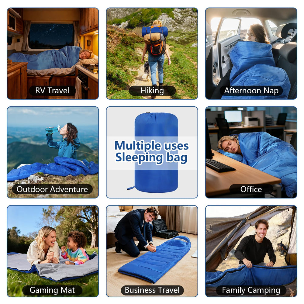 YCZS sleeping bag blue in-use backyard setup illustrates versatile 3-season camping.