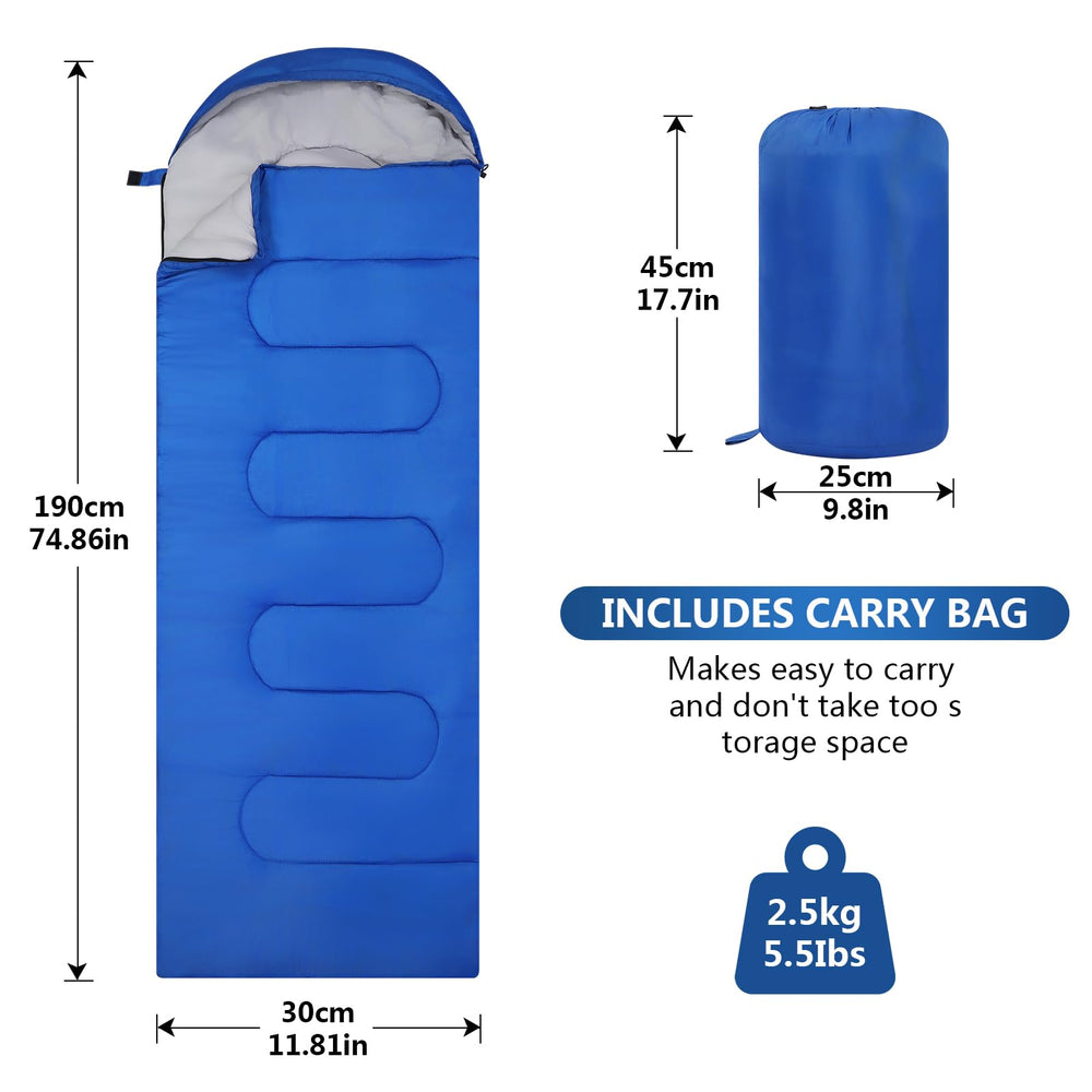 YCZS sleeping bag blue interior shows soft lining and breathable hollow cotton fill for comfort.