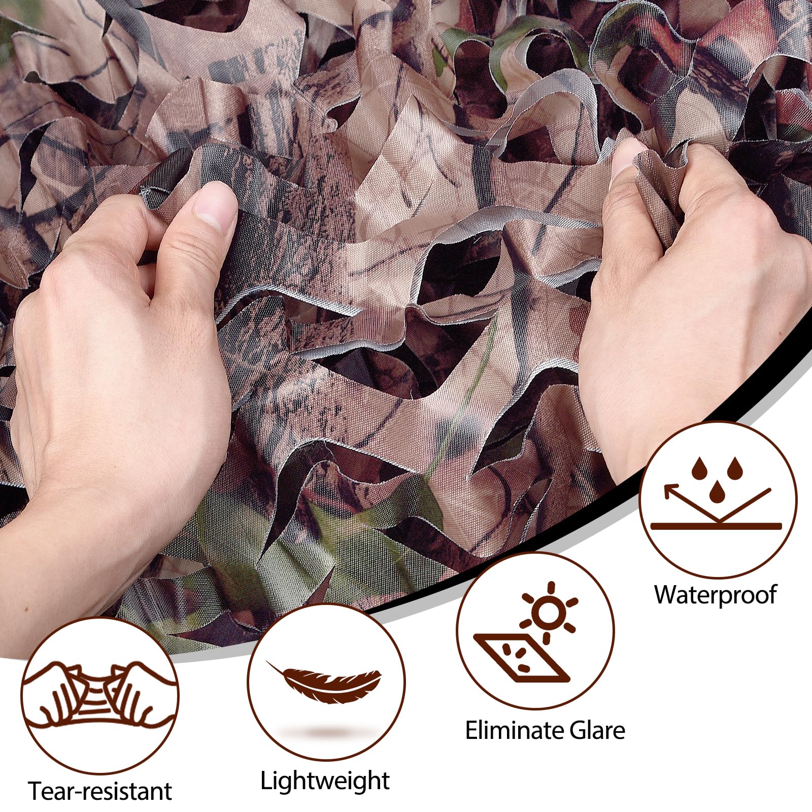Yeacool leaf-pattern camo netting close-up showing 3D texture and concealment benefit.