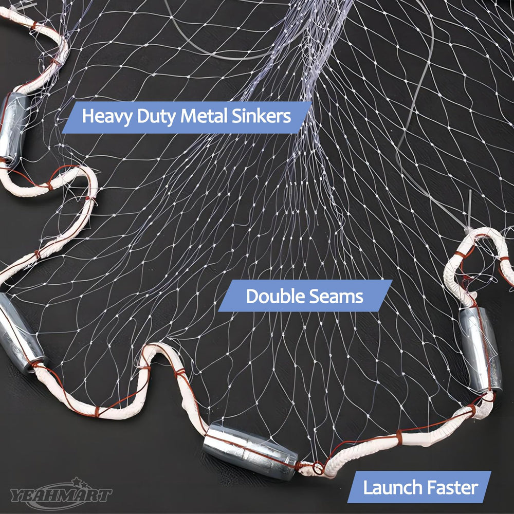 Yeahmart cast net 3-8-inch-mesh size fits most bait species for effective capture.