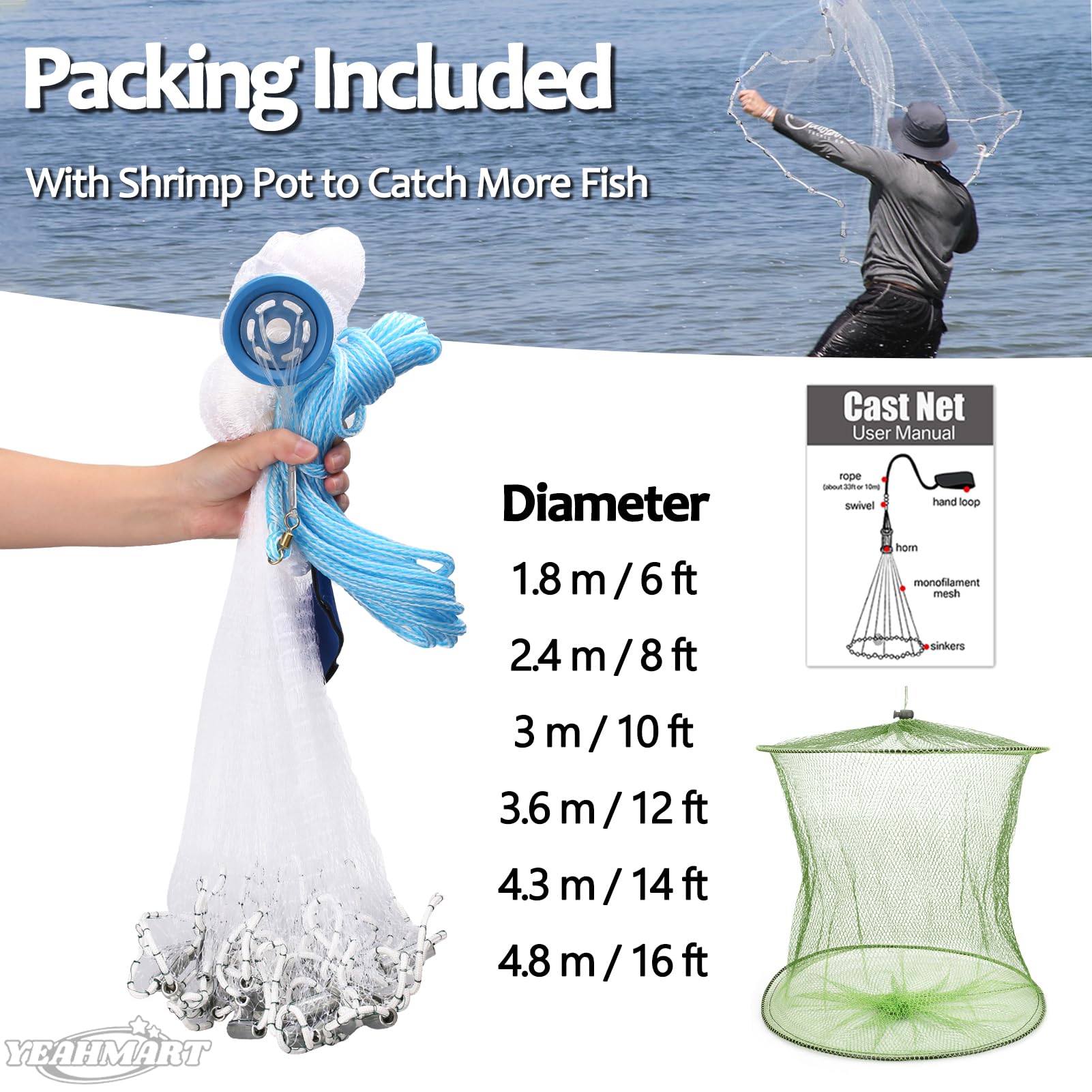 Yeahmart zinc-sinker-weighted cast net highlights quick sinking and tight bottom seal.