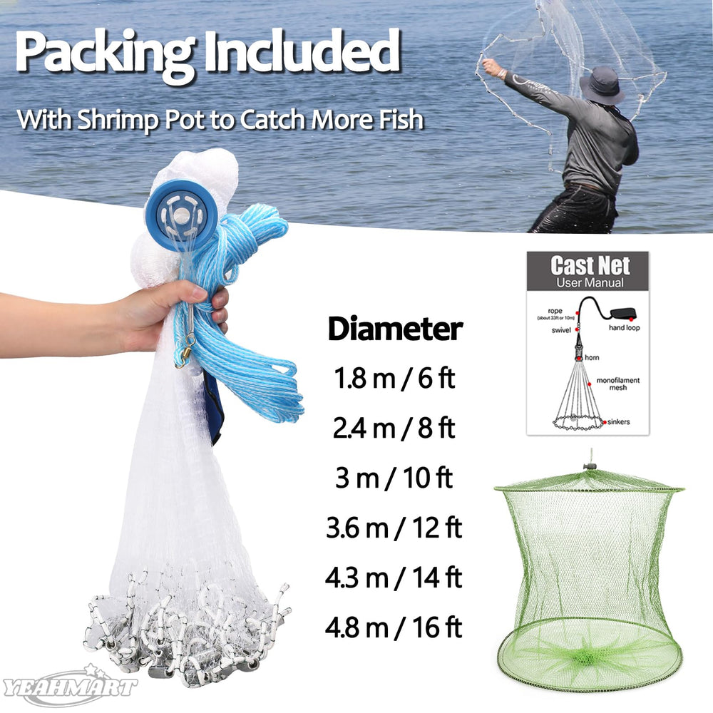 Yeahmart zinc-sinker-weighted cast net highlights quick sinking and tight bottom seal.