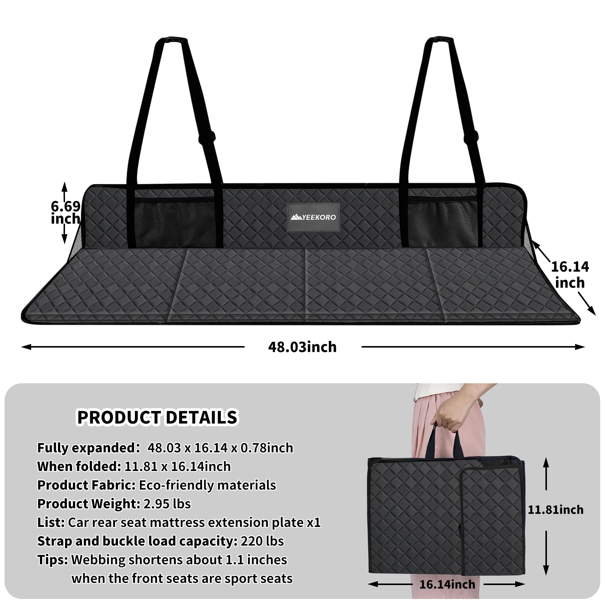 YEEKORO expanded extension plate shows wider sleep area ideal for SUV trips.