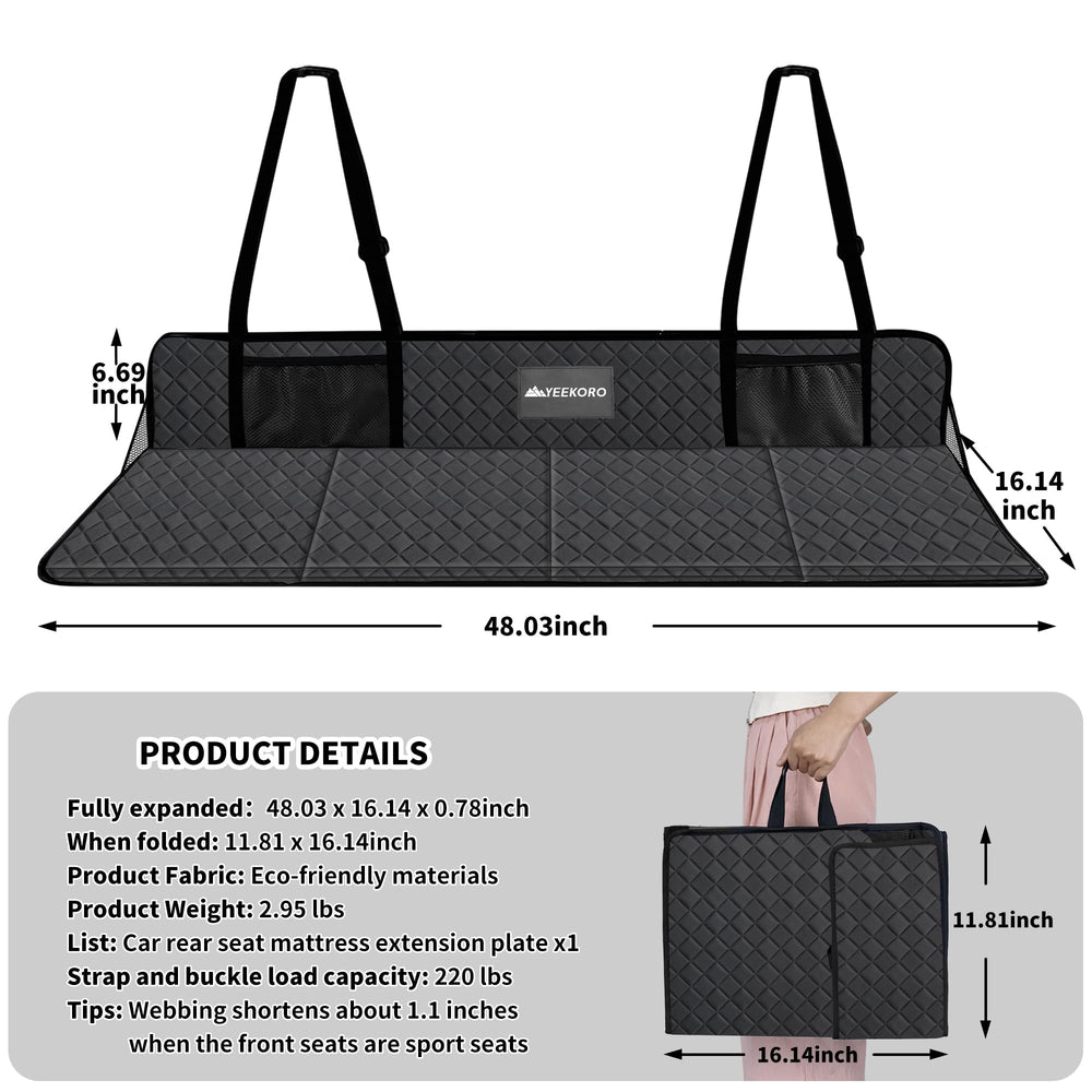 YEEKORO expanded extension plate shows wider sleep area ideal for SUV trips.
