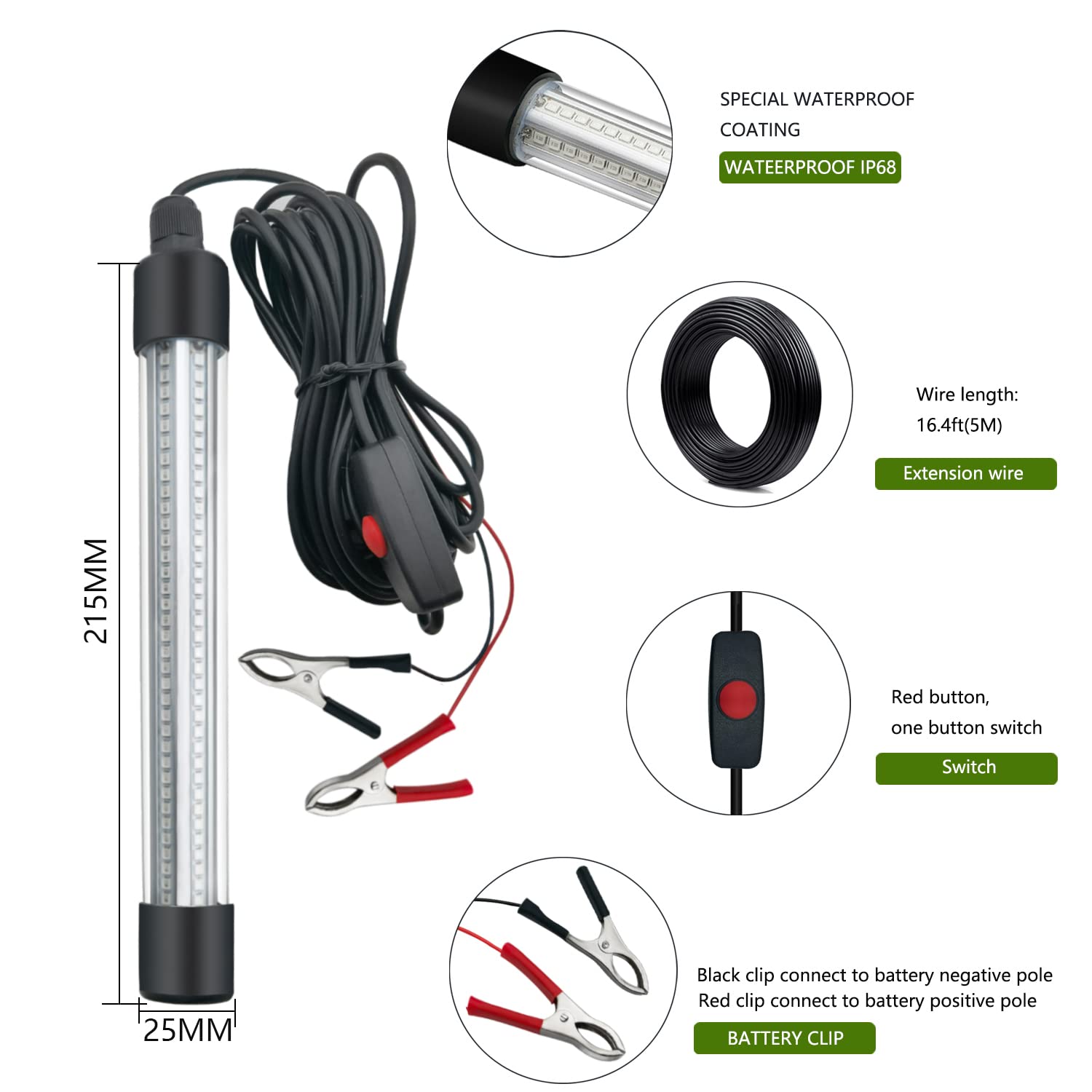 Underwater night fishing light emitting 2000 lumens with 5m power cord