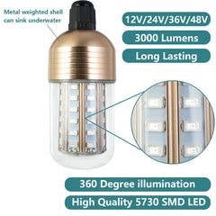 Close-up of YEGRUEB green LED night fishing light with 26ft cord