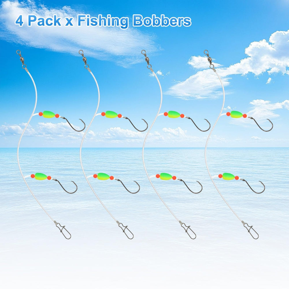 Four green-yellow fishing bobbers in a pack