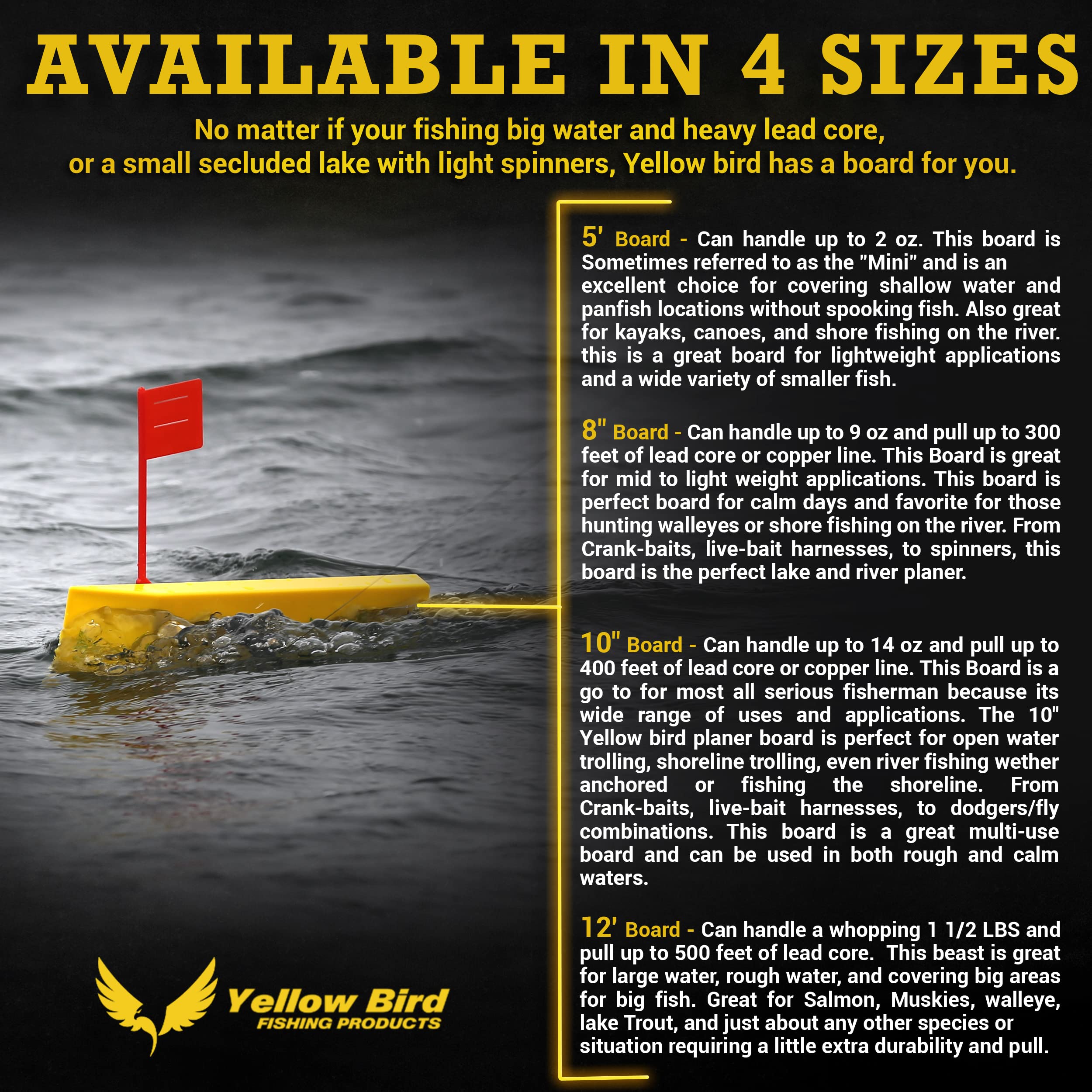 Yellow Bird logo on planer board reinforces trusted fishing gear.