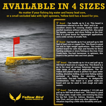 Yellow Bird logo on planer board reinforces trusted fishing gear.
