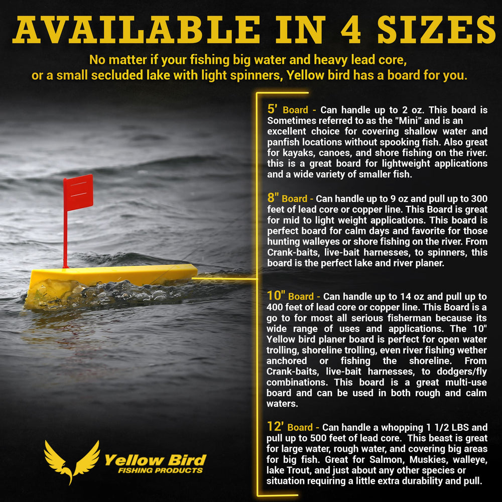 Yellow Bird logo on planer board reinforces trusted fishing gear.