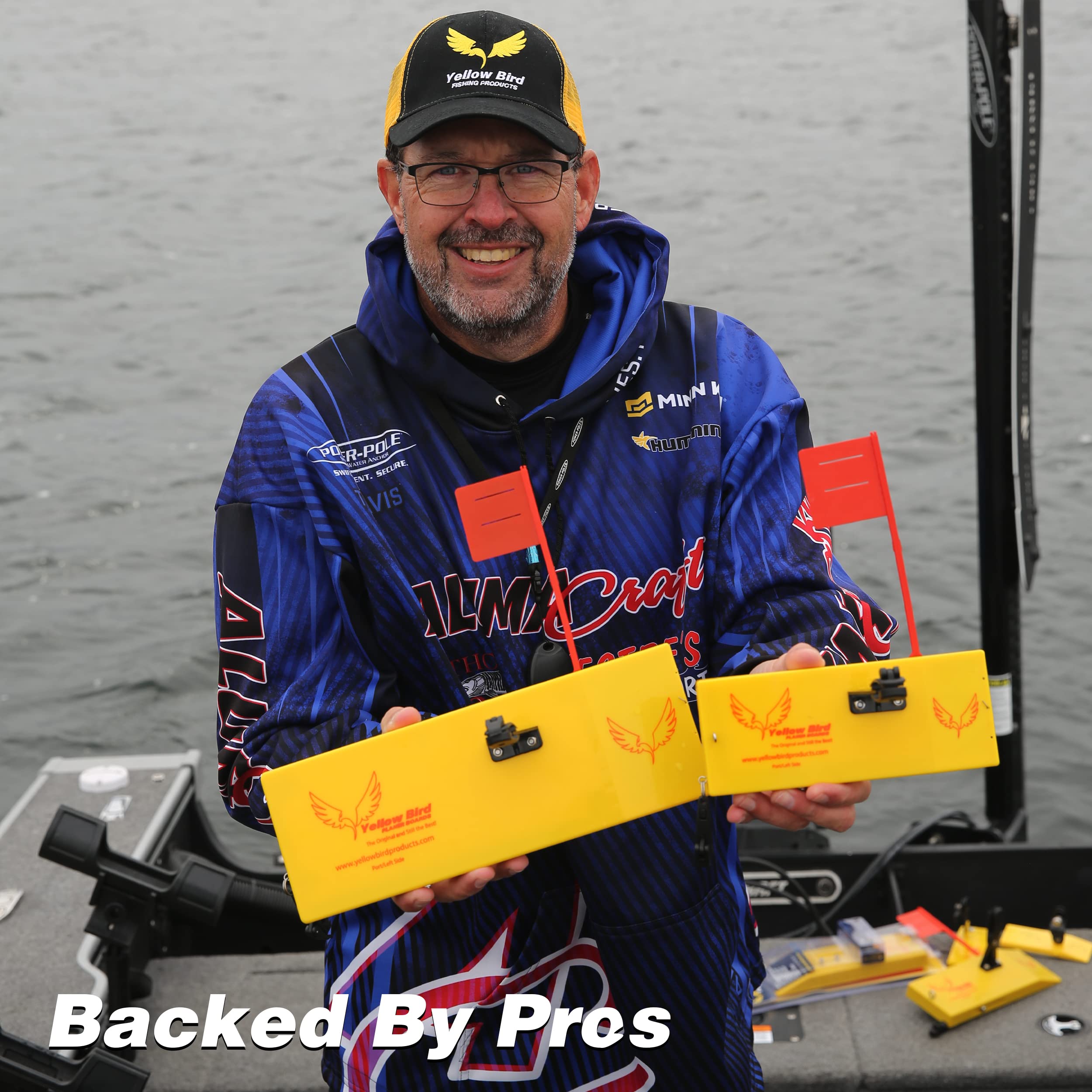 Yellow Bird planer board showing buoyancy adjustment for light or heavy bait