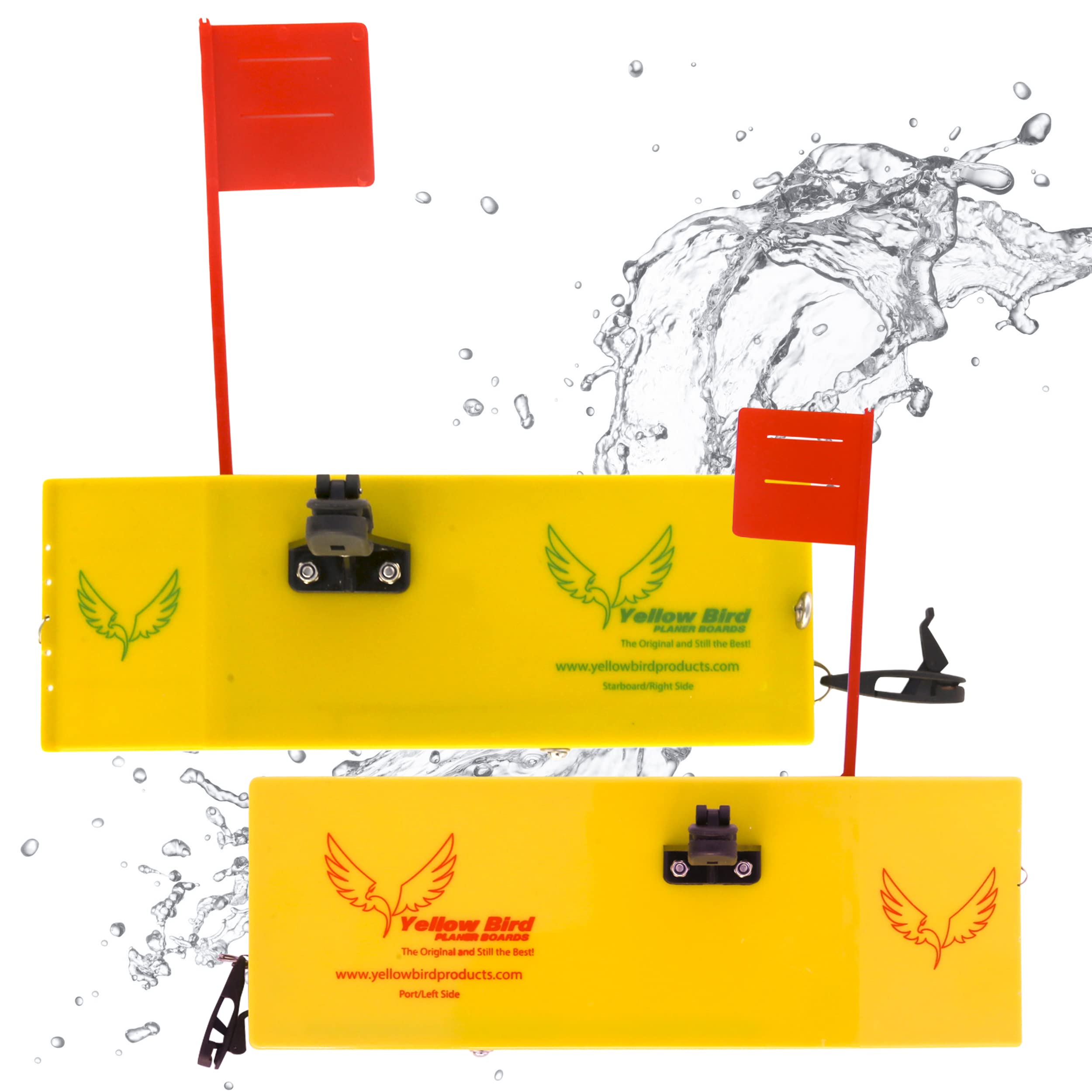 Yellow Bird planer board right 10-inch in action for extended trolling reach.