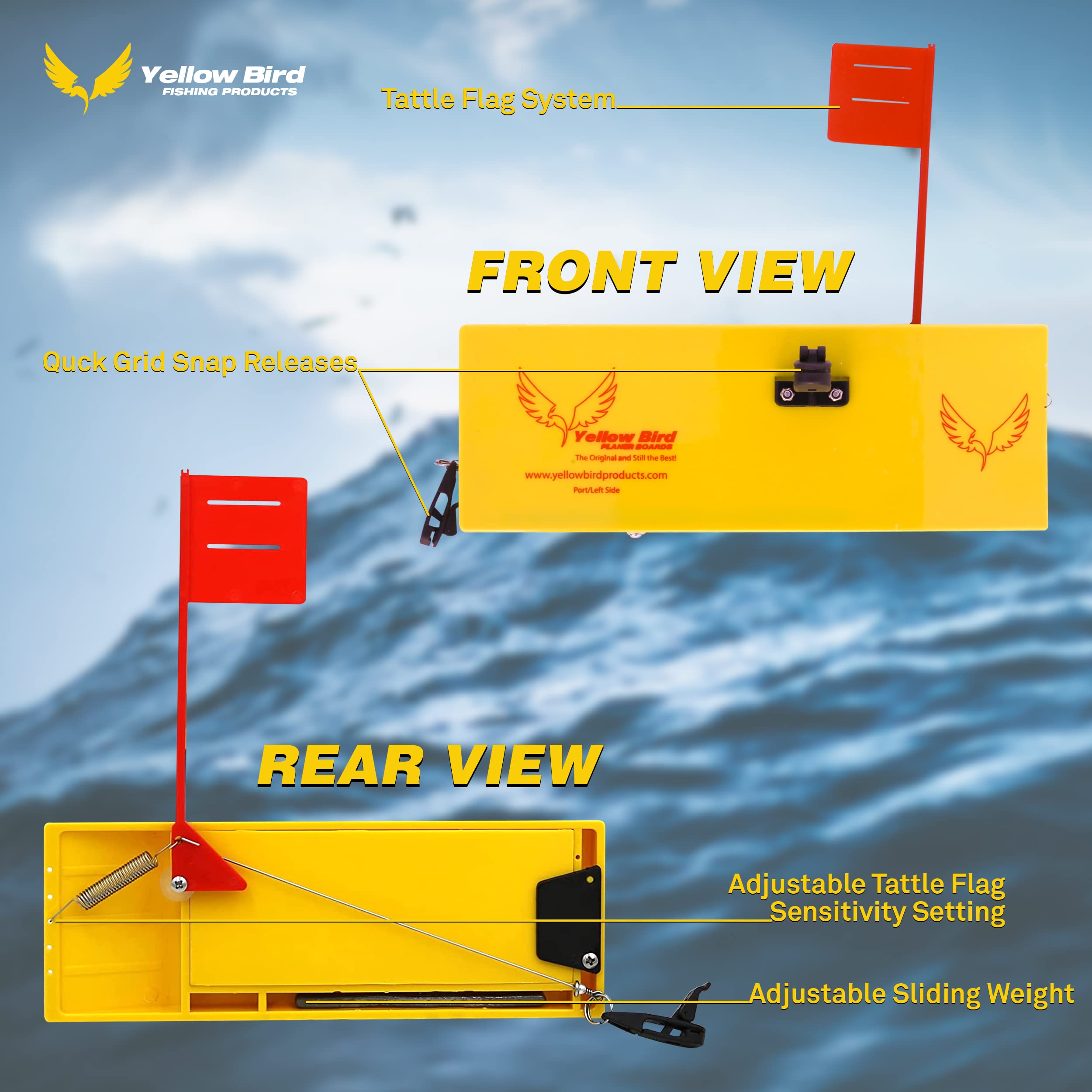 Yellow Bird planer boards two-pack right-side deployed for extended trolling reach