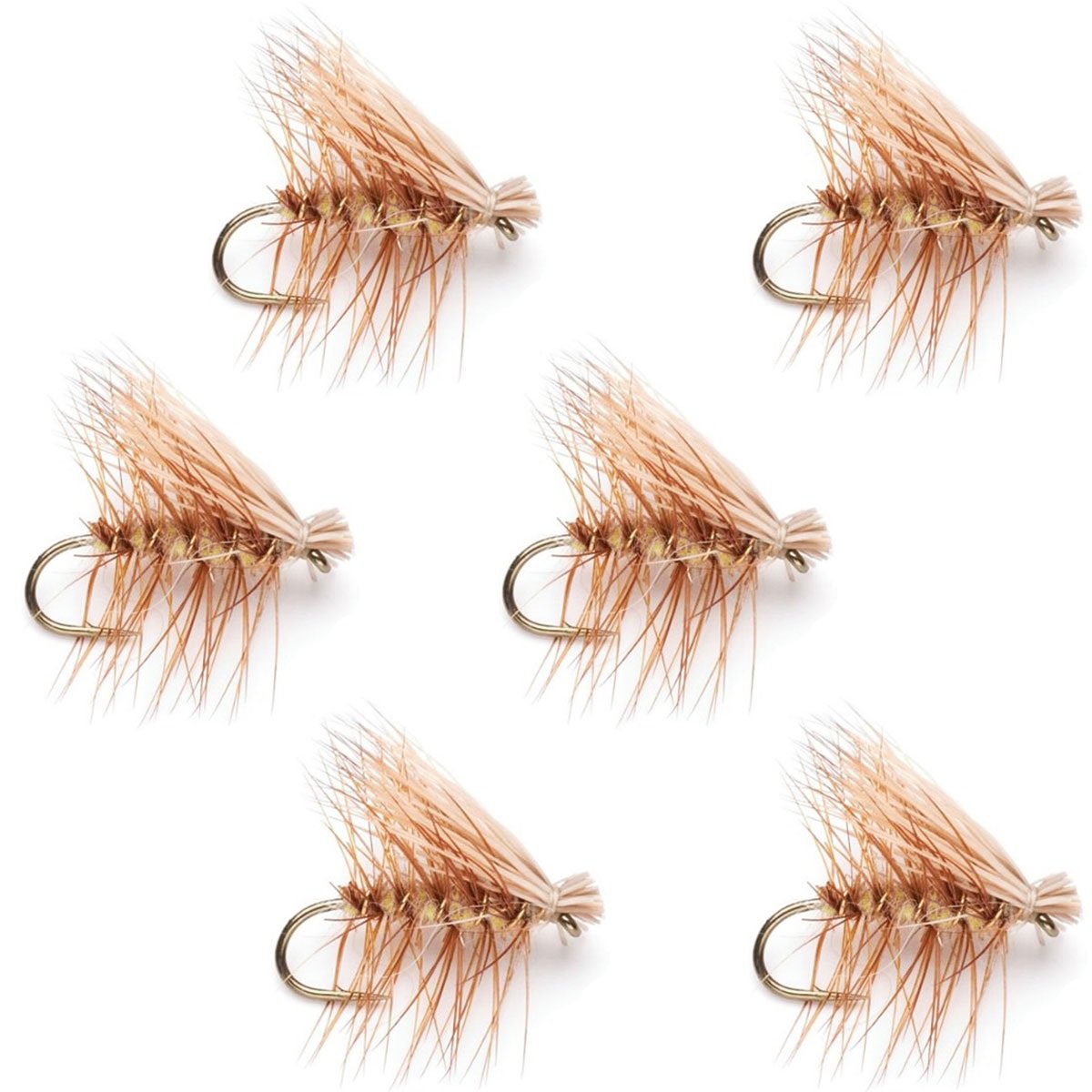 Yellow Elk Hair Caddis dry fly set of 6, size 18, front view