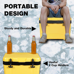 Yellow Jacket 27-qt ice cooler latch-close for secure one-handed transport.