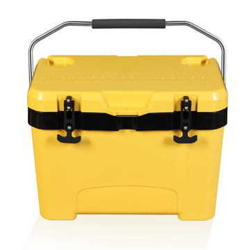 Yellow Jacket 27-qt ice cooler open lid keeps drinks organized on the go.