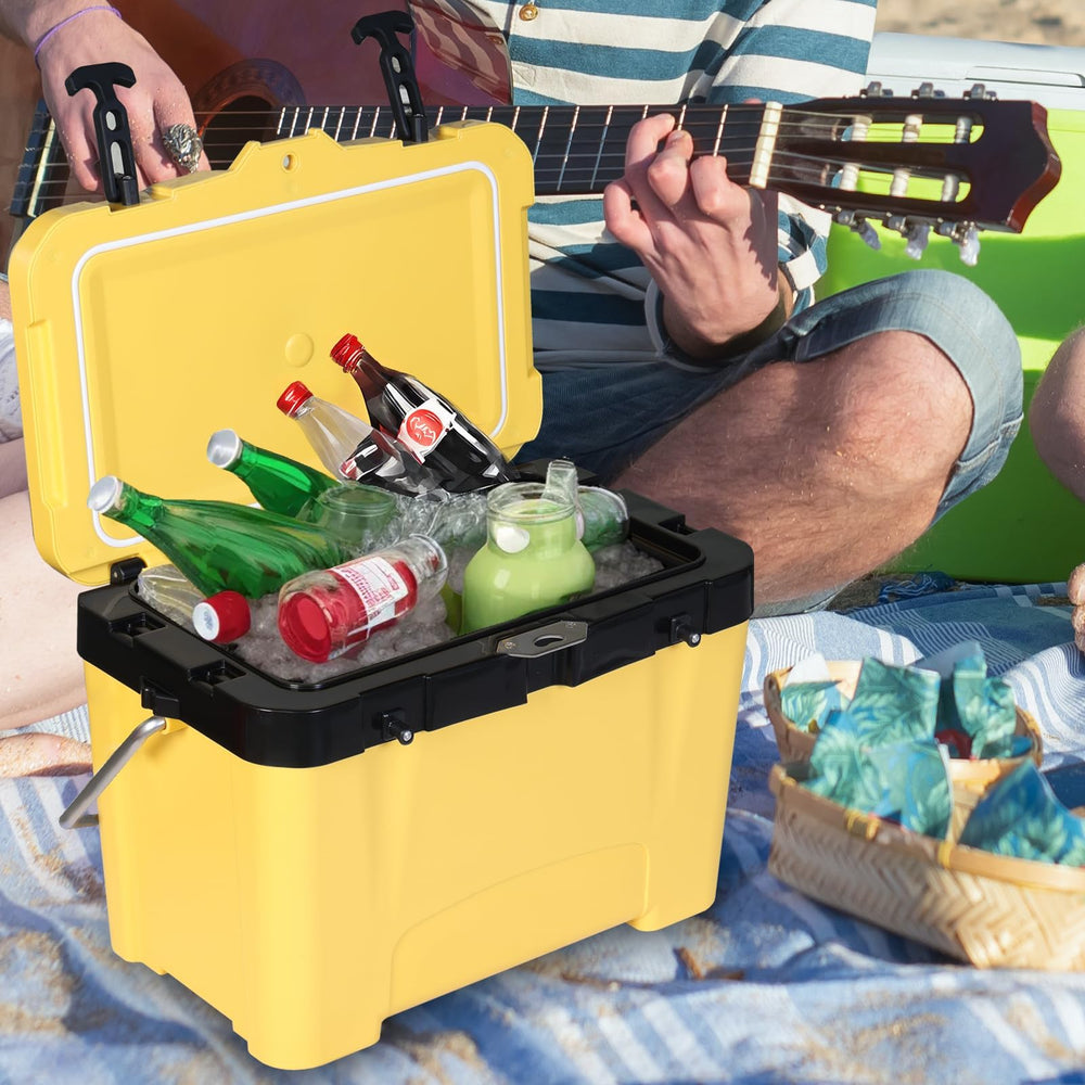 Yellow Jacket 27-qt ice cooler picnic-table setup for easy meal prep.