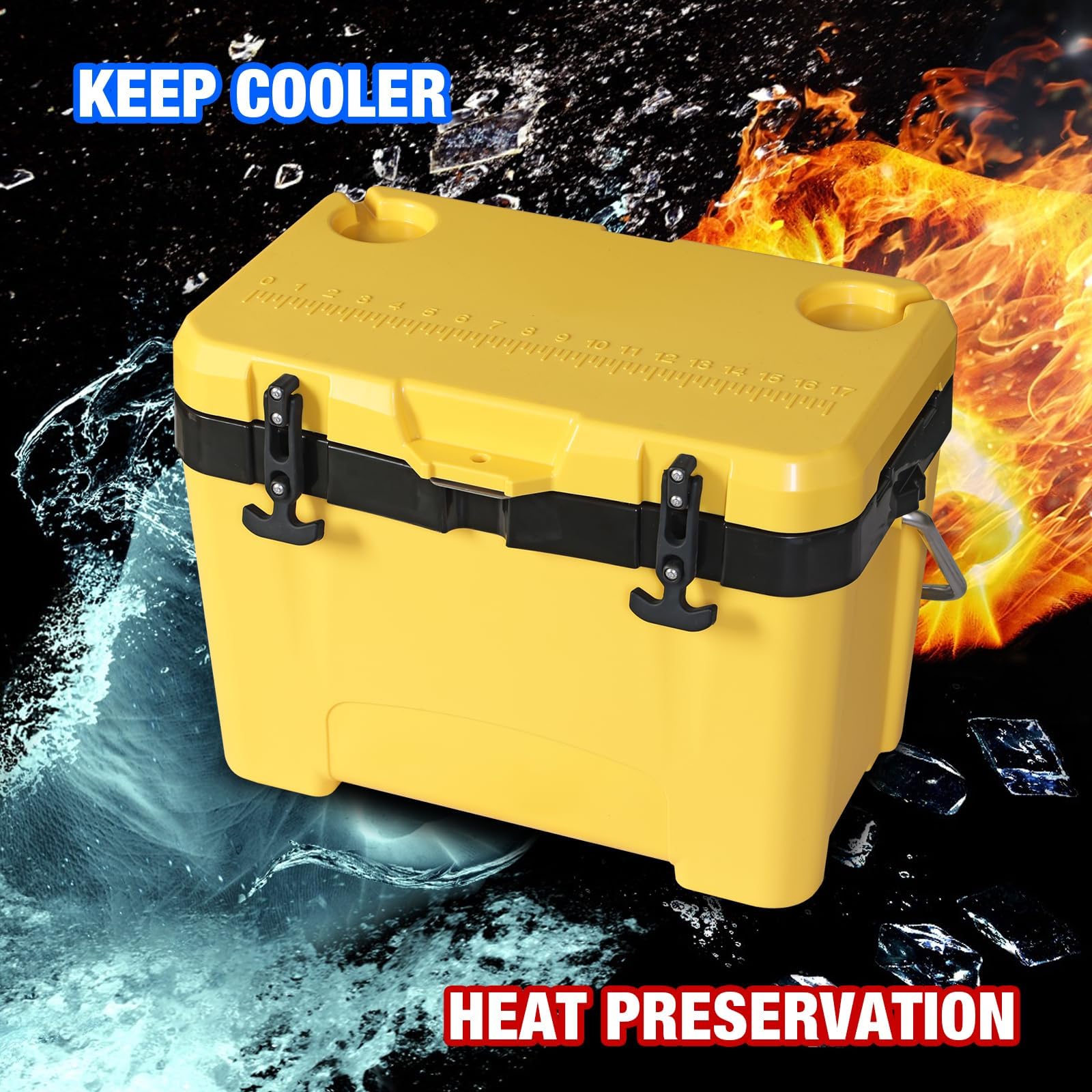 Yellow Jacket 27-qt ice cooler side view shows rugged outdoor design.