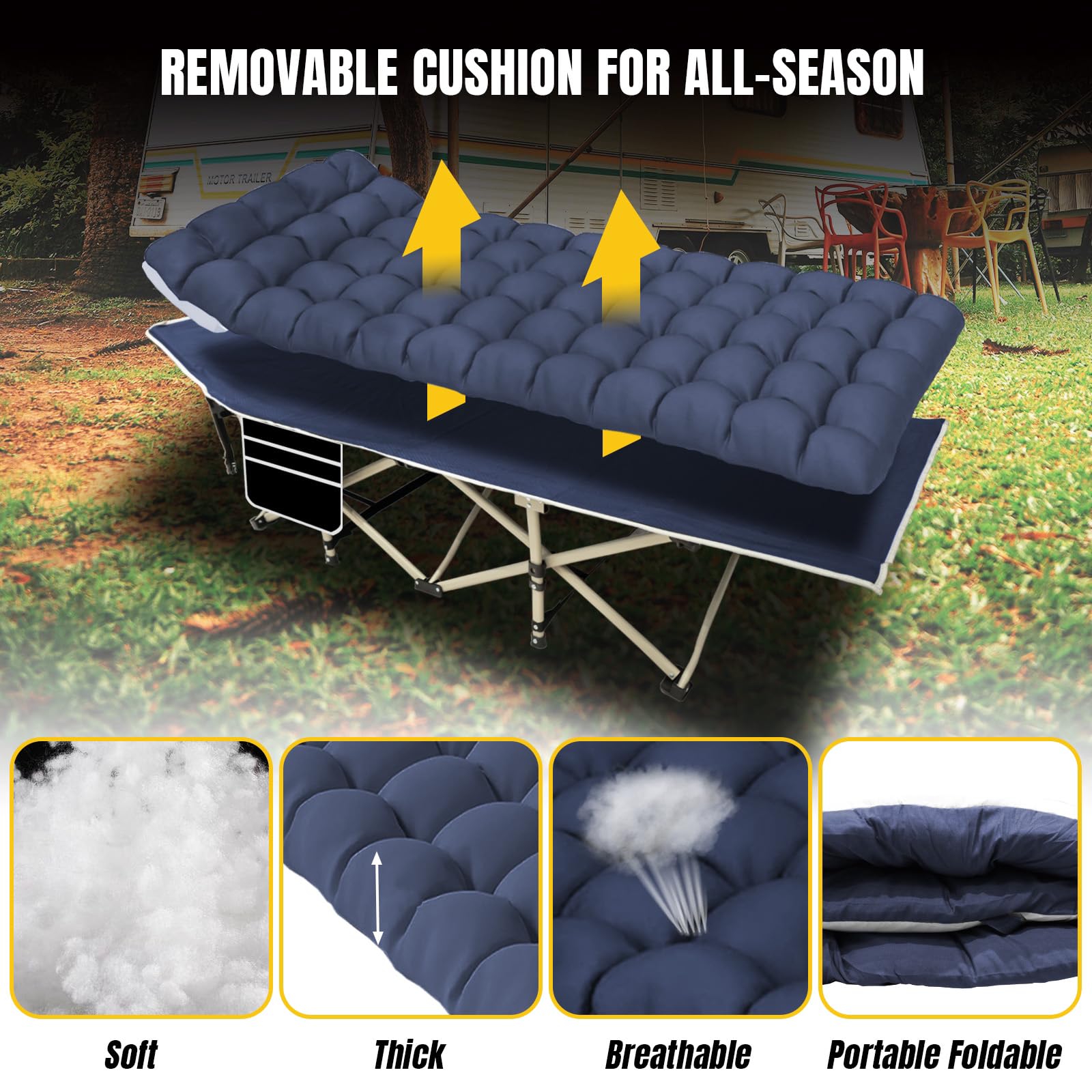 Yellow Jacket cot side pocket storage keeps essentials within reach