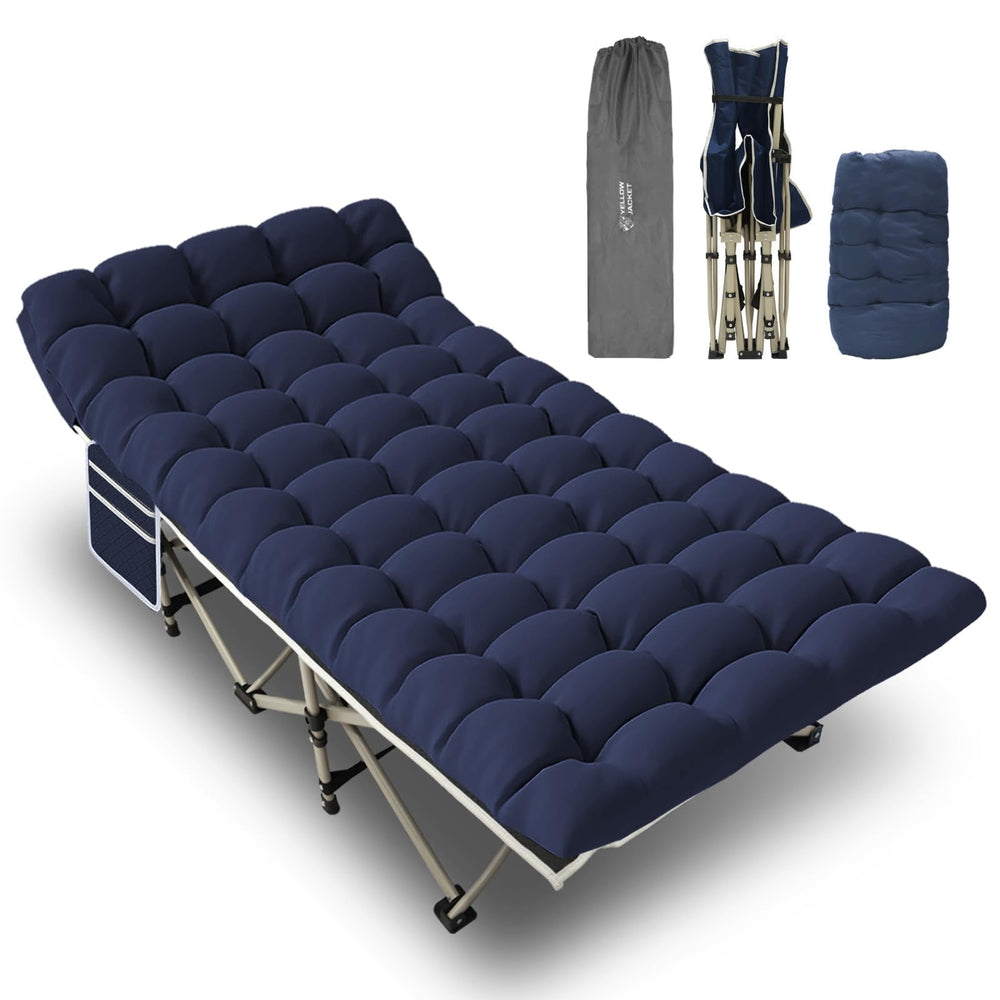 Yellow Jacket folding camping cot setup showing quick assembly and ample sleep surface