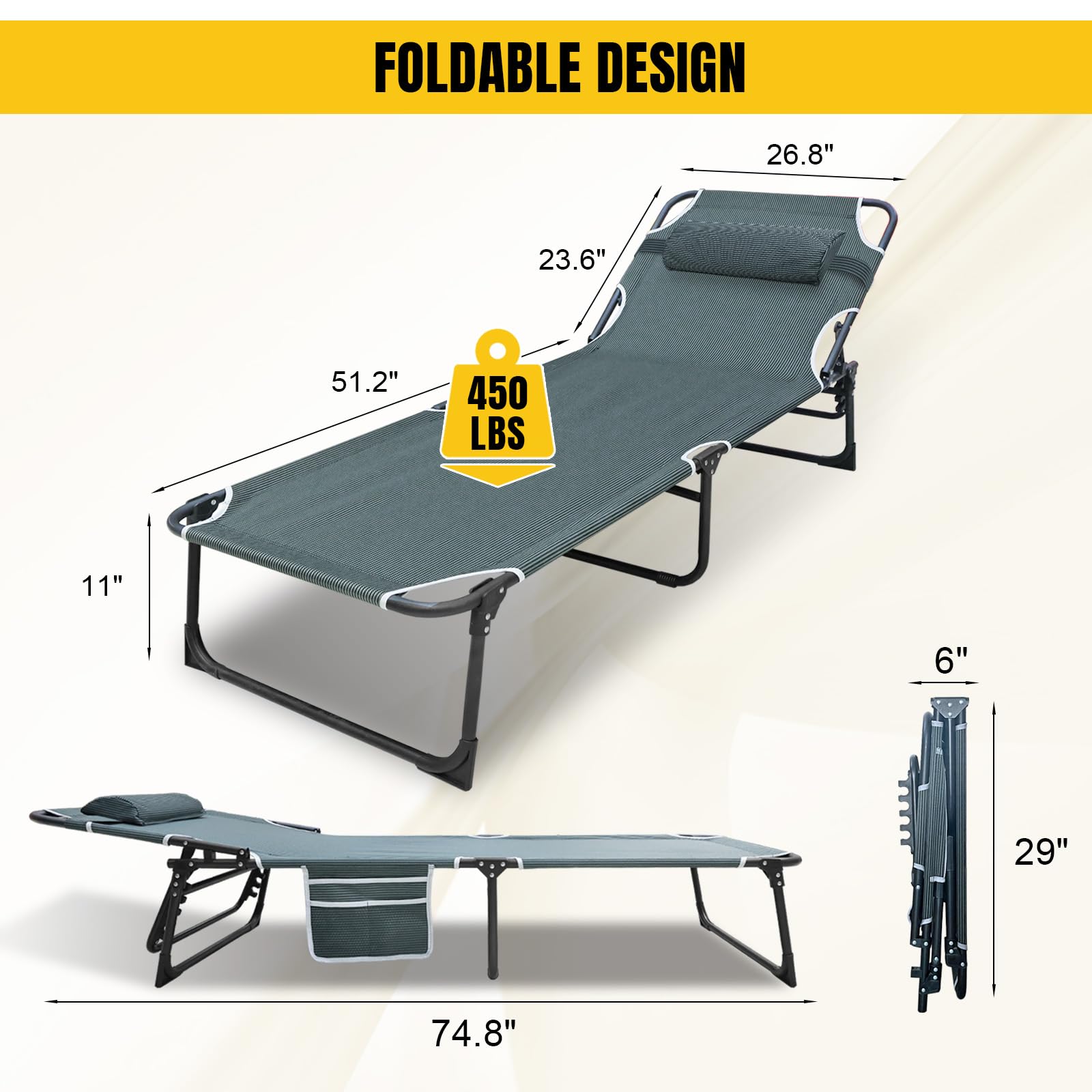 YELLOW JACKET folding cot adjustable-positions highlights reclining and lounging options.