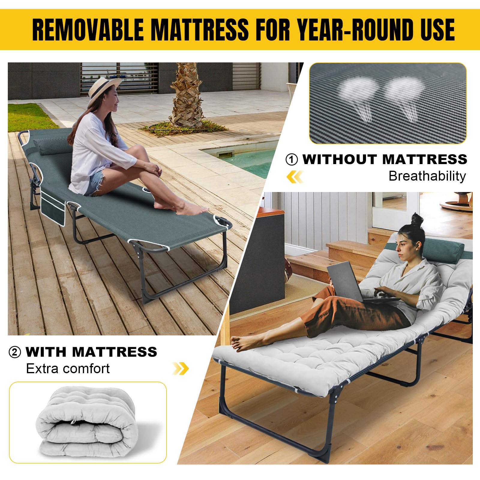 YELLOW JACKET folding cot with-pillow emphasizes head support during rest breaks.
