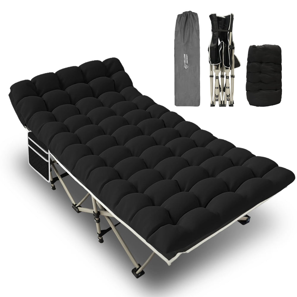 Yellow Jacket camping cot folded shows portable rest for travel