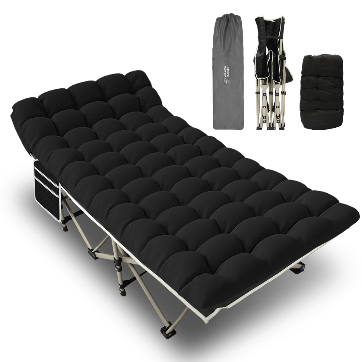 Yellow Jacket camping cot folded shows portable rest for travel