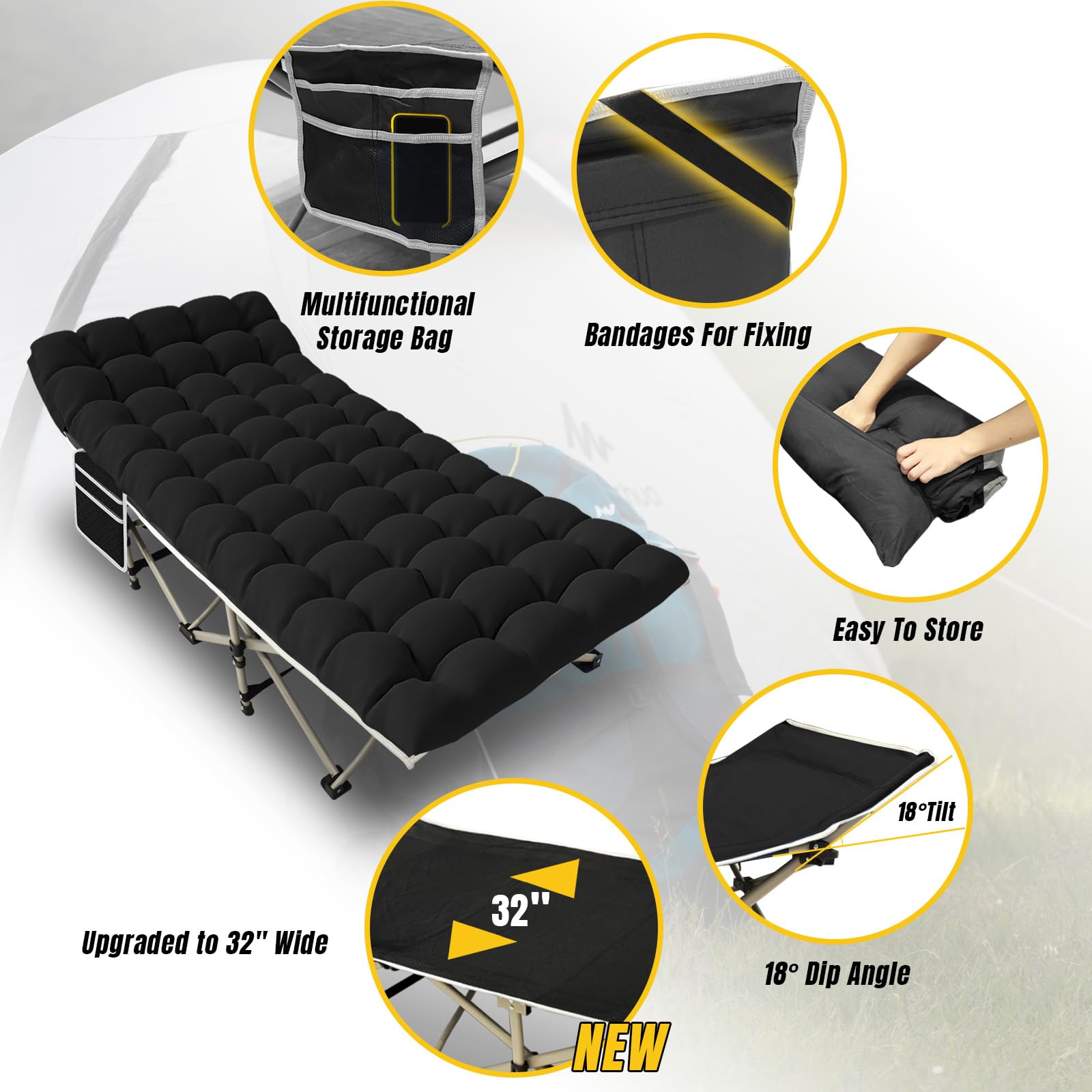 Yellow Jacket camping cot wide surface provides a spacious 75x32 inch sleeping area