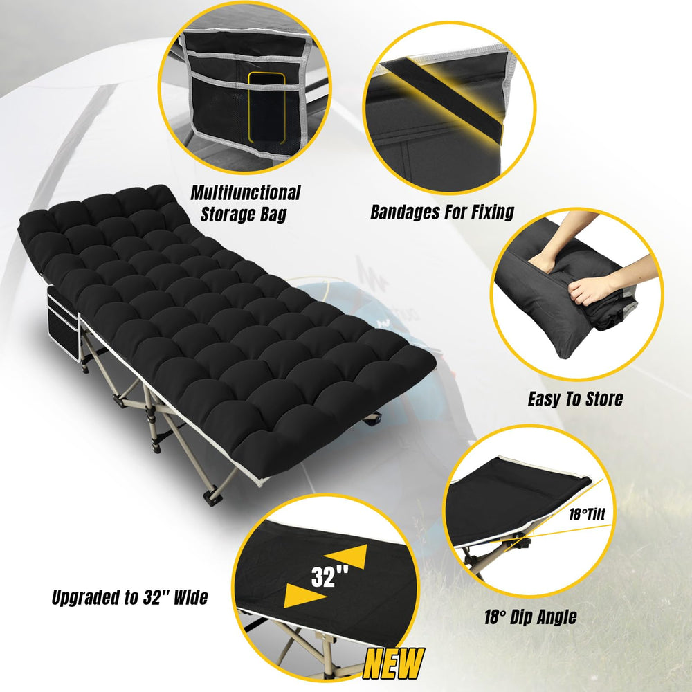 Yellow Jacket camping cot wide surface provides a spacious 75x32 inch sleeping area