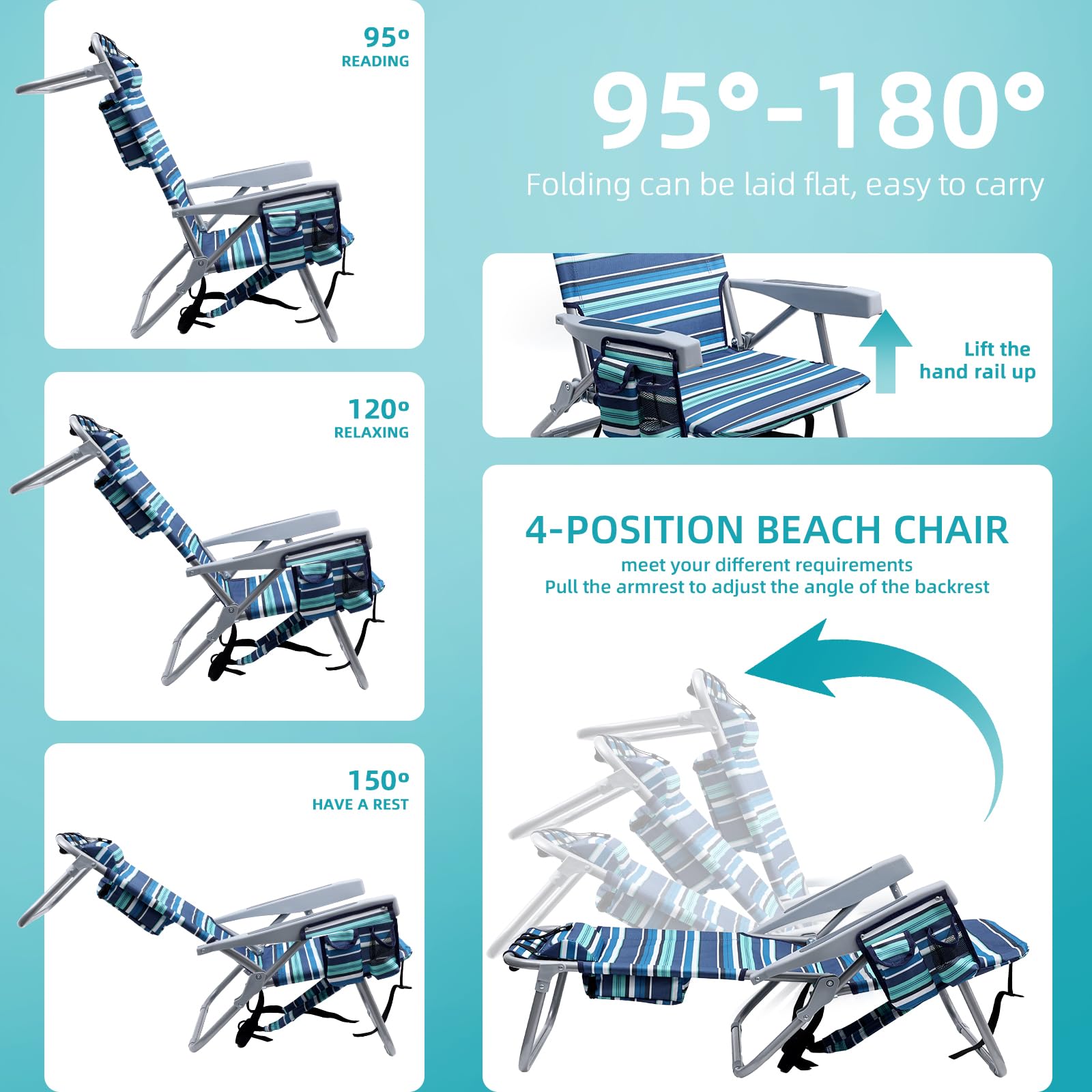 Yestomo 4-position lay-flat beach chair for sunbathing or napping