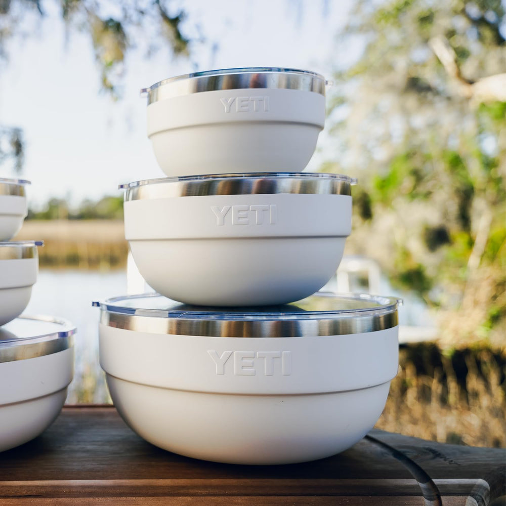 YETI Rambler Bowl Cape Taupe stacked and nested for space-saving storage