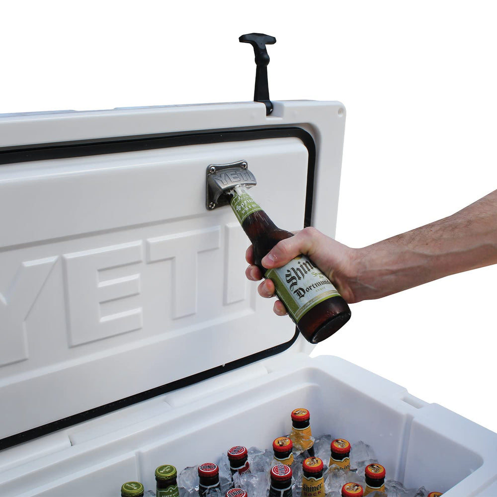 YETI bottle opener rugged design in cast stainless steel for lasting durability.