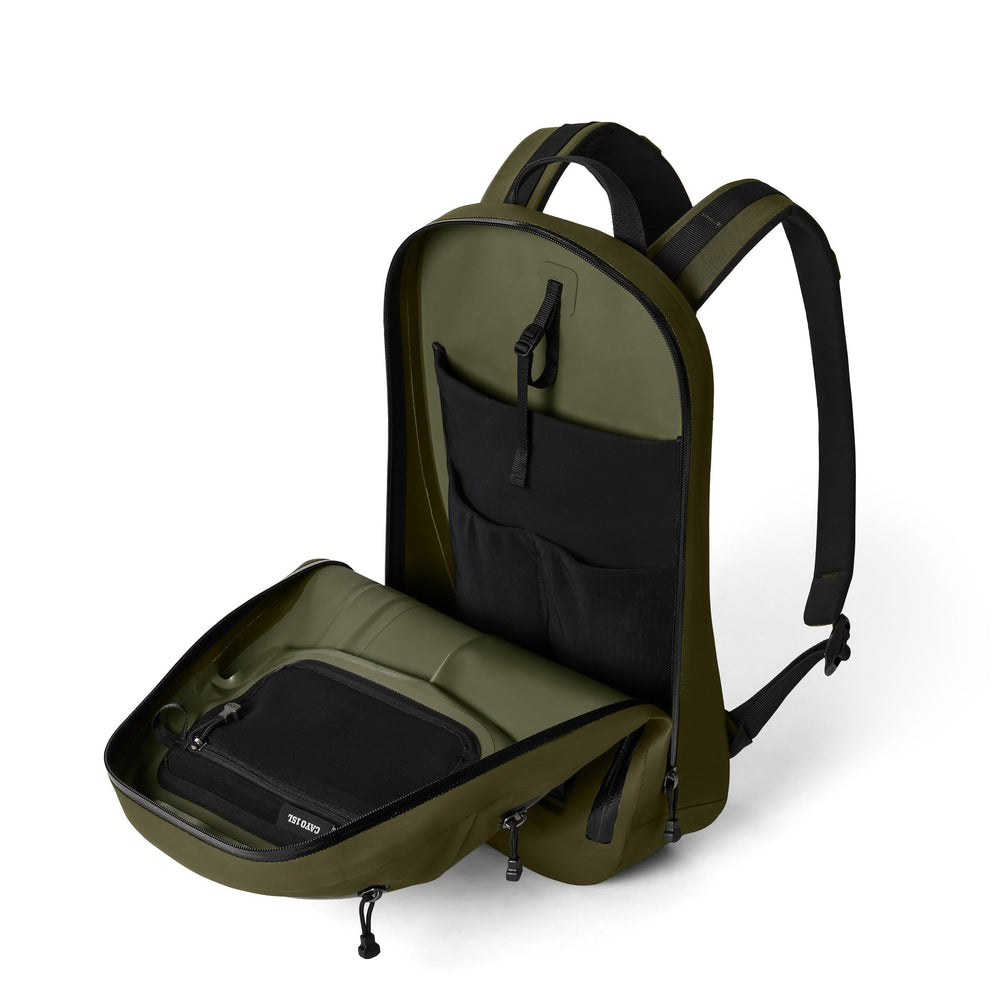 YETI Cayo olive water-resistance detail notes contents may get wet.