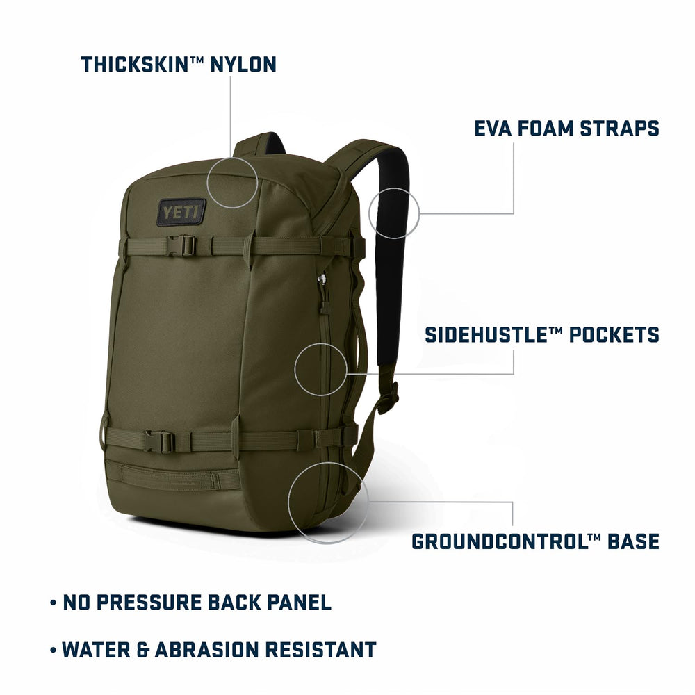 YETI Crossroads Backpack 22L olive side zip access enables quick item retrieval.