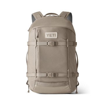 YETI Crossroads Backpack 27L front view in Cape Dark Taupe shows durable fabric for daily commuting.