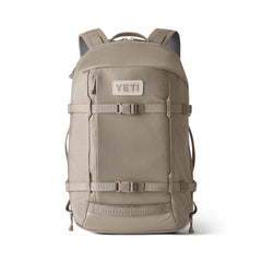 YETI Crossroads Backpack 27L front view in Cape Dark Taupe shows durable fabric for daily commuting.
