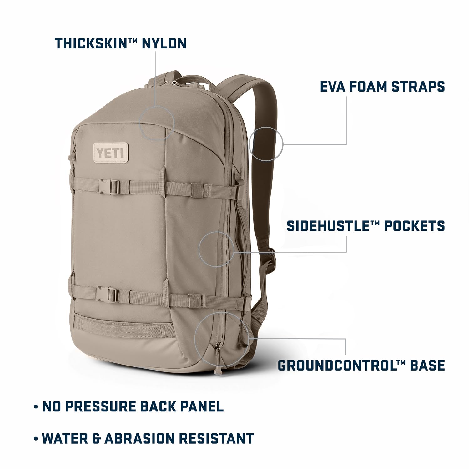 YETI Crossroads Backpack 27L side view with Rambler Bottle pockets enables on-the-go hydration.