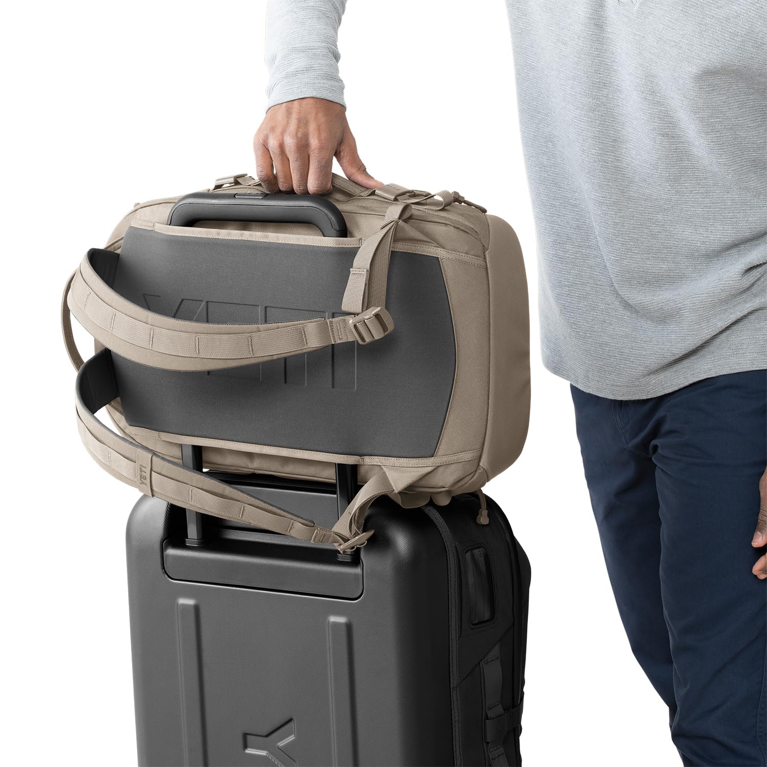 YETI Crossroads Backpack 35L side profile demonstrates compact, travel-ready silhouette.