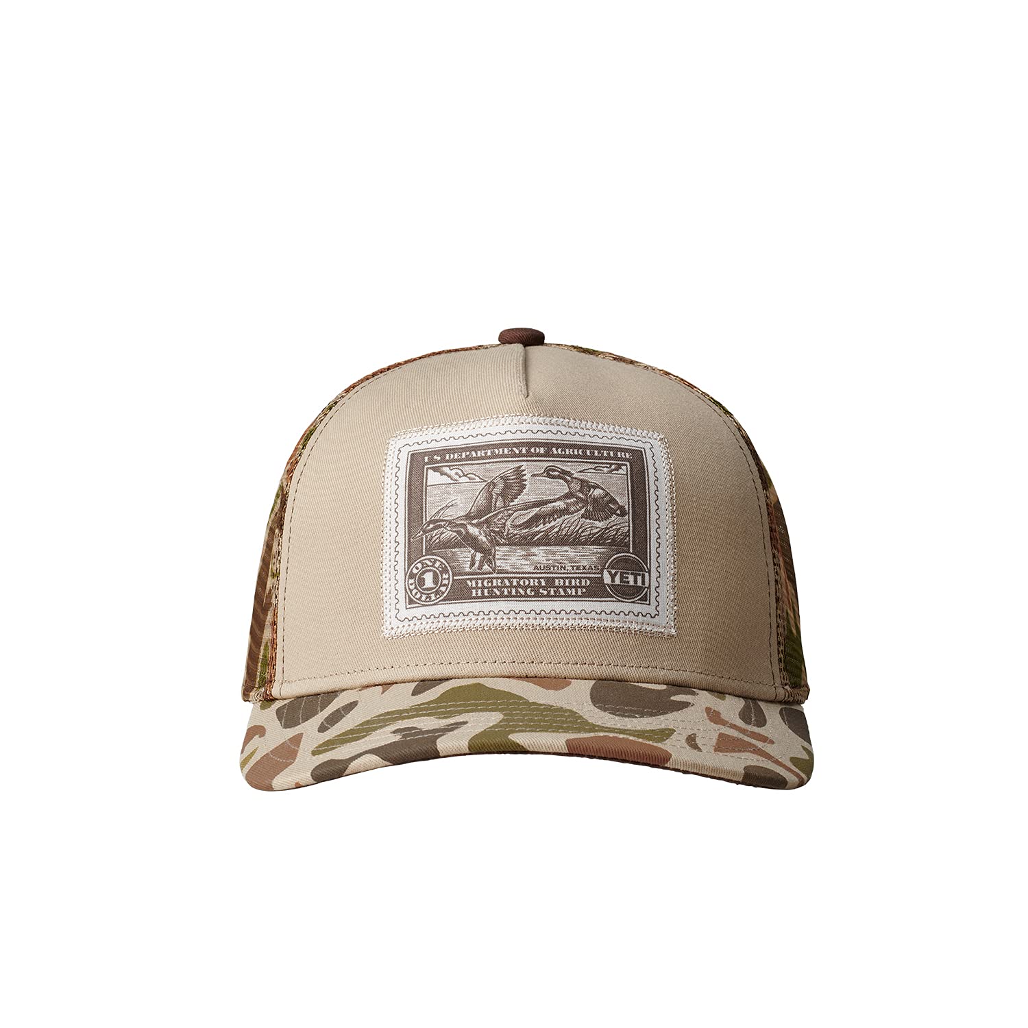 YETI Duck Stamp Trucker Hat front view with Sharptail Taupe color and structured fit.