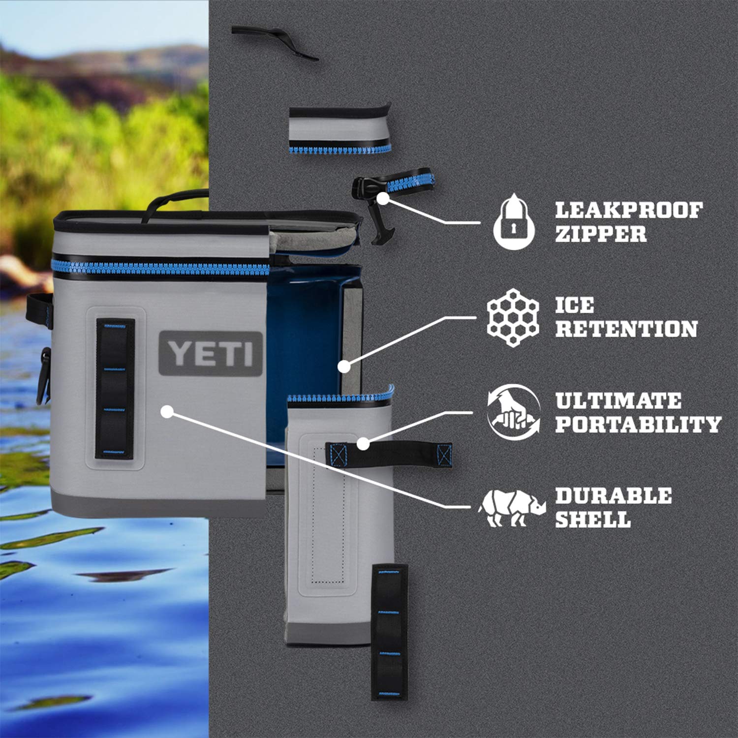 YETI Hopper Flip 12 with HydroLok zipper, leakproof on outdoor adventures.