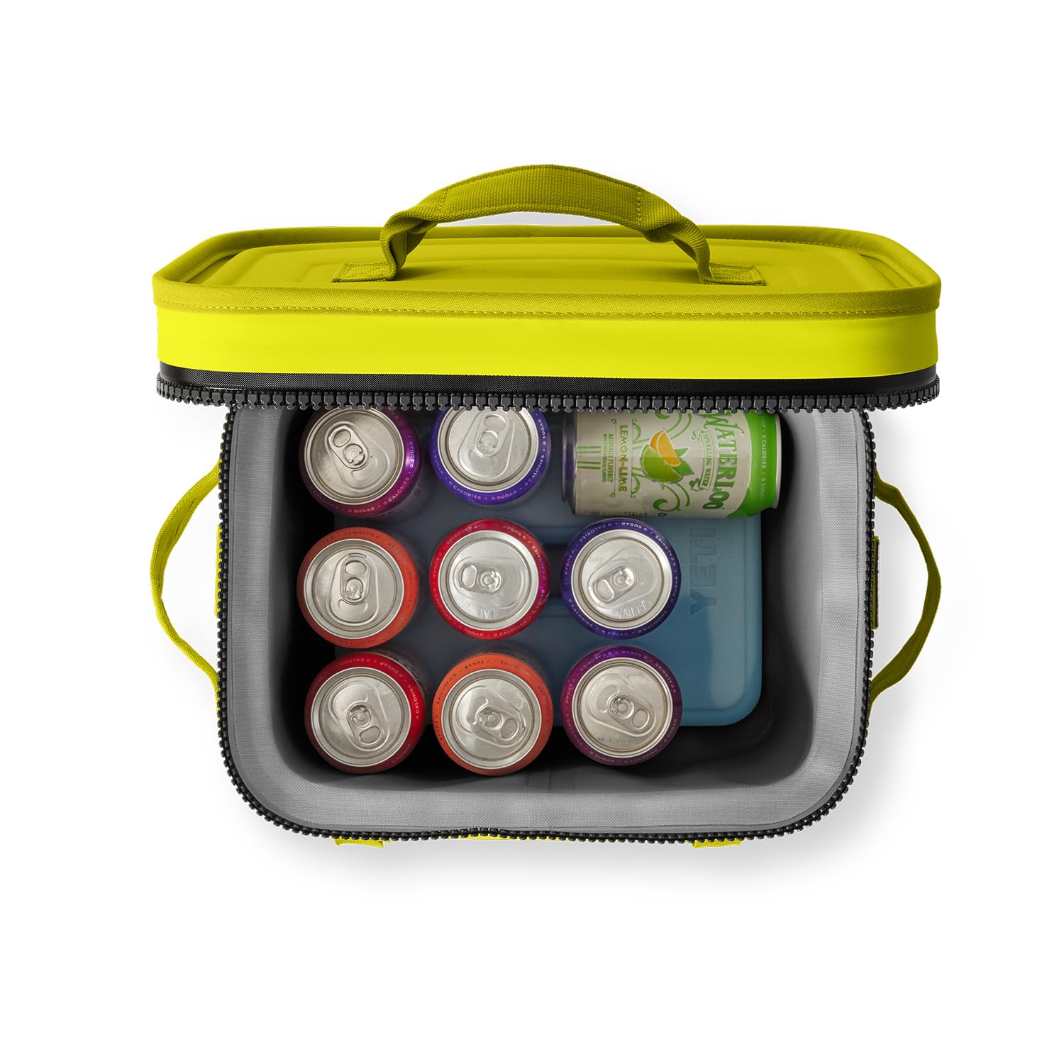 YETI Hopper Flip 12 Firefly Yellow stacked with cans for easy camping prep.