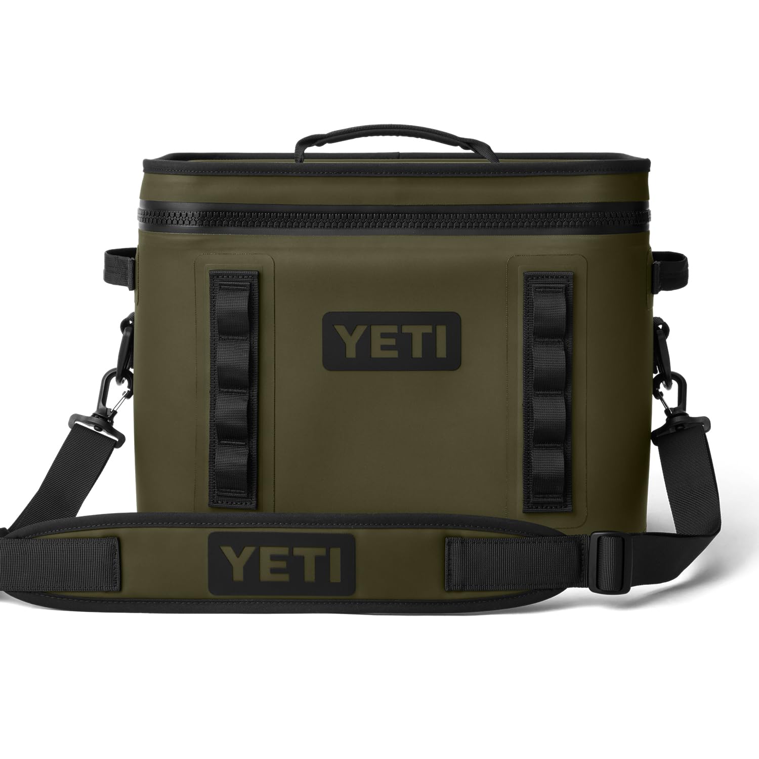 YETI Hopper Flip 18 open in Olive provides quick-access cooling for picnics and boat trips.