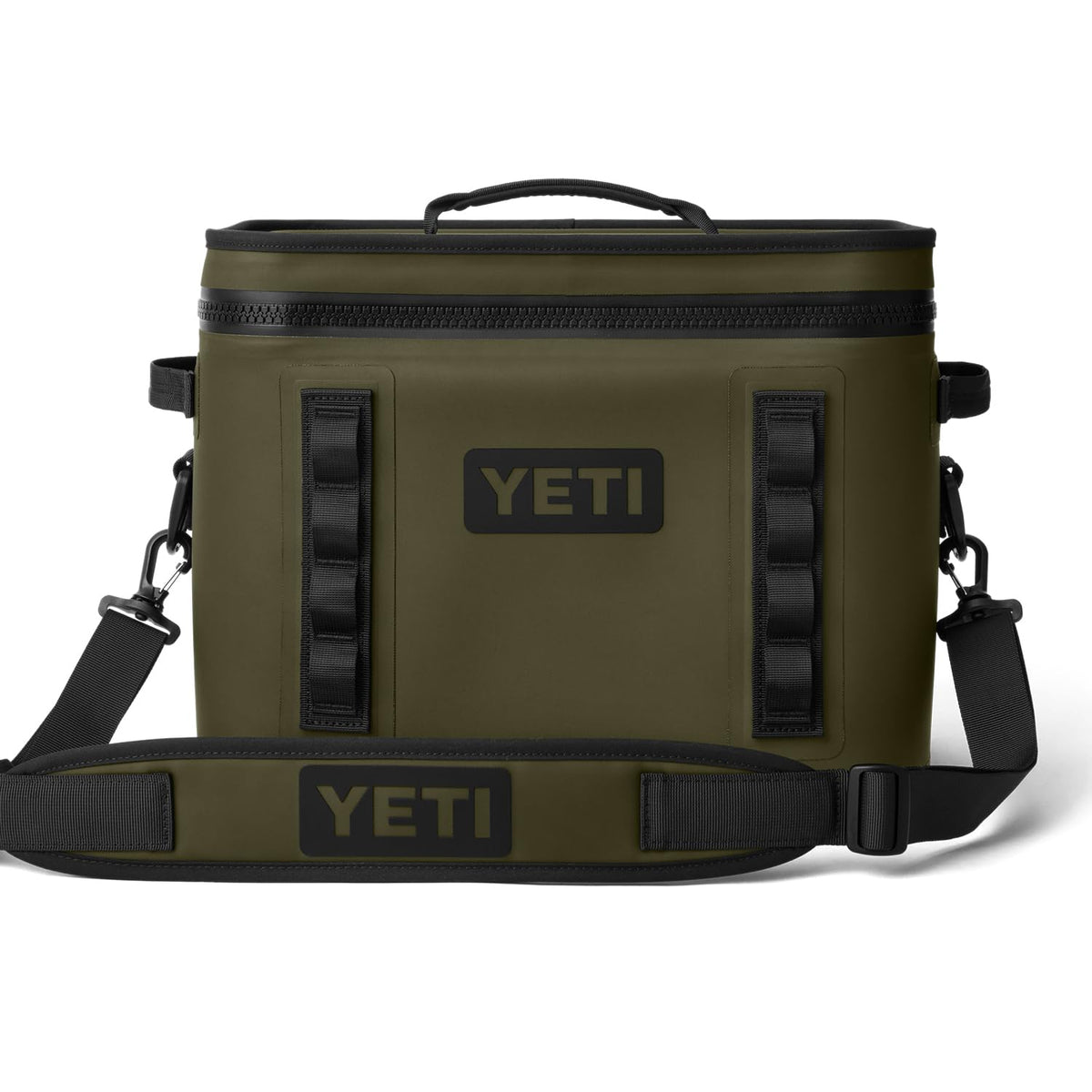 YETI Hopper Flip 18 open in Olive provides quick-access cooling for picnics and boat trips.