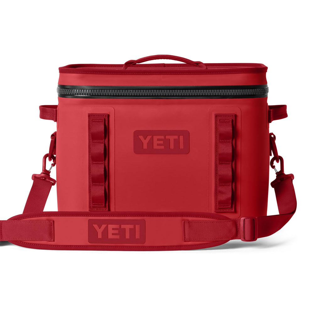 YETI Hopper Flip 18 Rescue Red closed zipper preserves cold drinks on outdoor trips